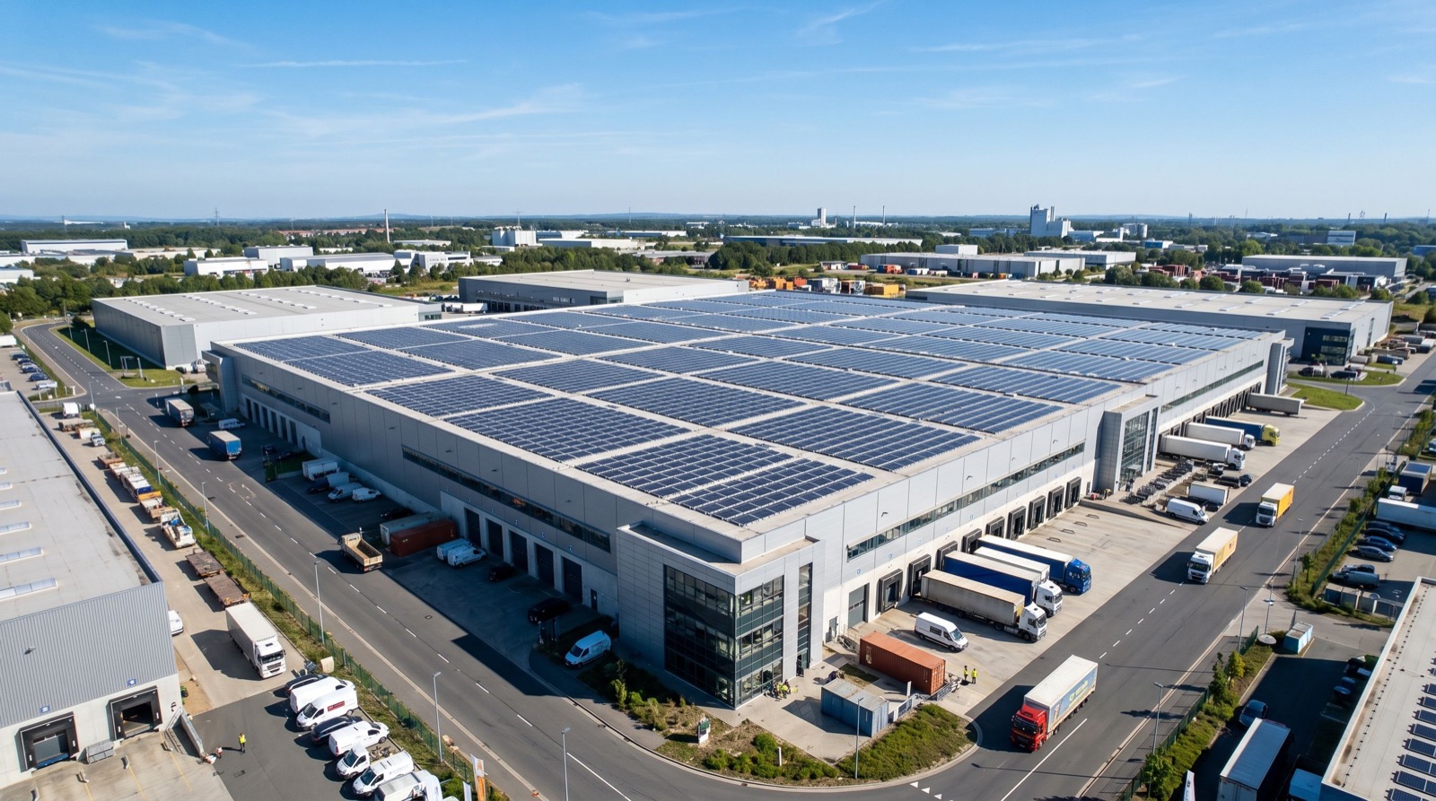 Warehouse roof covered in solar panels